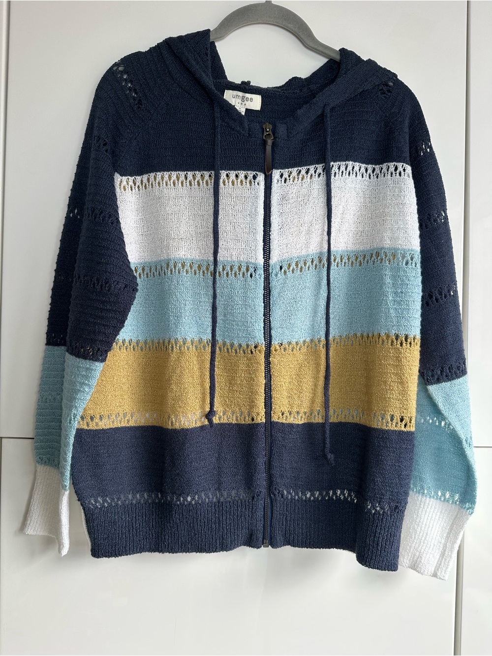 Umgee Zip Front Cardigan Hoodie Jacket Size Small Blue White Tan Hippie Granola